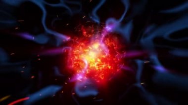 Evrende koyu mavi enerjili soyut güç füzyon küresi. 4K 3D kusursuz döngü teknolojisi, bilim, mühendislik, yapay zeka hareketi, kozmos, VJ döngüsü için soyut arkaplan.