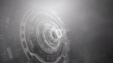 Yüksek Teknolojik Döngü, duman dalgası, toz parçacıkları ve Hologram Stili HUD elementi ile sinematik animasyon. 4K 3D fantezi siyah-beyaz bilim teknolojisi soyut etki arka planı.