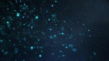 Soyut mutlu Noeller ve mutlu yıllar arkaplanı parlayan mavi kar taneleri düşüyor. 4K 3D kusursuz döngü. Kutlama ve selamlama için siyah üzerine kar taneleri animasyonu.