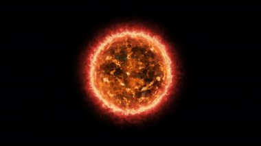 Siyah zemin üzerinde soyut Güneş Güneş Atmosferi. Yanan ateş gazı enerjili güneş plazması ve patlayan gezegen elementi arka planda döngü oluşturdu. 4K 3D görsel efektler ve hareket grafikleri için ideal görüntüleme.