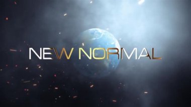 Yeni Normal sinematik başlık fragmanı konsepti. Animasyon 4K 3D yaratıcı tasarım. Duman bulutu ve toprak animasyonlu toz parçacıkları ve Yeni Normal altın metin ile patlayan optik parlama ışığı.