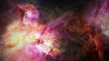 4k 3D uzay uçuşunu Orion Bulutsusu 'na doğru bir yıldız alanına çeviriyor. Samanyolu 'nda, Orion takımyıldızında bulunan Derin Uzay Seyahati' ndeki Nebula ve Galaksiler.