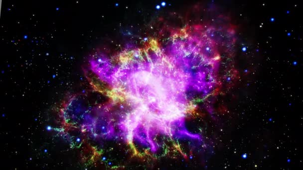 カラフルなカニ星雲パルサー超新星のアニメーションに飛び込む 深い空間で星や銀河を旅する Nasaによって提供されたこの画像の要素 3Dアニメーションレンダリング — ストック動画