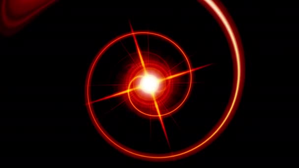 在黑色背景上带有迷人螺旋灯的红色闪焰 具有涨落射线耀斑和能量循环线的抽象技术背景4K元无缝环路动画 — 图库视频影像