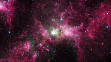 Yıldız alanı Carina Nebulası 'na uzay uçuşu. Ortasında parlayan bir yıldız var. 4K 3D görüntüleme. Uzay 'da Yıldız Alanı, Galaksi ve Nebula' yla Uçuş. NASA Hubble resimleri tarafından döşenmiş elementler.