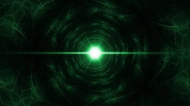 4K 3D, pürüzsüz döngü merkezi, spot ışıkları soyut siber tünel hareketli grafikler, animasyon koyu yeşil neon arka plan. Etkinlik, konser, sahne tasarımı, başlık, giriş için geçmişe dönük gelecek tarzı.
