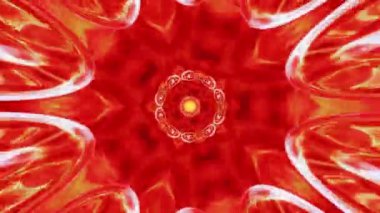 Parlak kırmızı arka planda parlak sarı turuncu renk gradyan fraktal süslemeli soyut retro kompozisyon. Kaleydoskop mandala kusursuz bir altyapı. Fraktal dizaynlı 4K kusursuz döngü hareketi.