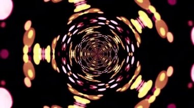 4K 3D, Pembe ve altın renkli Bokeh tünel ışıklarıyla kusursuz ve soyut bir zemin oluşturuyor. Bokeh ışığının hareket edip döndüğü soyut psikedelik kaleydoskop. VJ disko müzik döngüsü canlandırması.