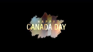 Kanada Günü 'nüz kutlu olsun altın arızalı metin rozeti siyah soyut arkaplanda sinematik başlık animasyonu. Alfa kanalı Quicktime 444 ile izole edilmiş.. 