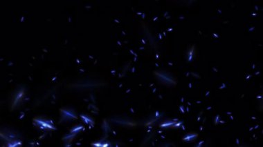 Animasyon döngüsü yanıp sönen mavi parçacıklar siyah soyut arka planda yukarı doğru akar. Alevli mavi parlayan kor yanan kül parçacıklarının animasyonu.