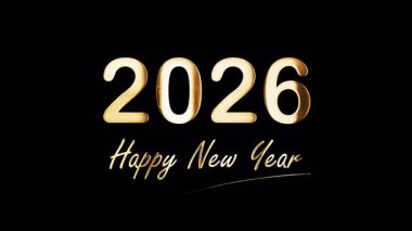 2026 Happy New Year golden text shine flickering light effect animation on black background.2026 Happy New Year text with looping flickering gold glowing light texture.  Element for Isolated alpha channel