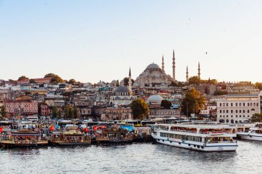 Istanbul, Türkiye - 14 Ağustos: Istanbul görünümü arka planda Süleymaniye Camii ile Haliç arasında 14 Ağustos 2018, Istanbul, Türkiye.