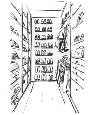 Elle çizilmiş gardırop kroki. Mobilya. Elbise, çanta ve ayakkabı. kıyafetler. Soyunma odası