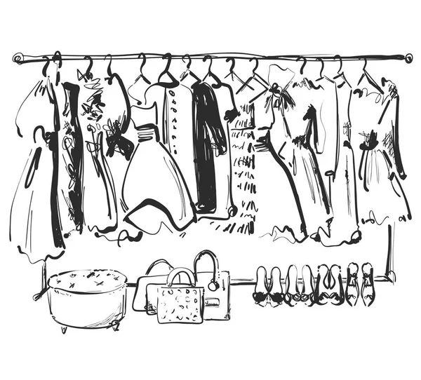 Hand getekende kledingkast schets. Meubilair. Jurk, handtas en schoenen. kleding — Stockvector