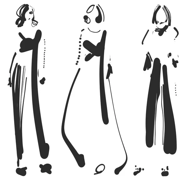 Modelli di moda silhouette schizzo disegnato a mano, illustrazione vettoriale. Ragazza cartone animato — Vettoriale Stock