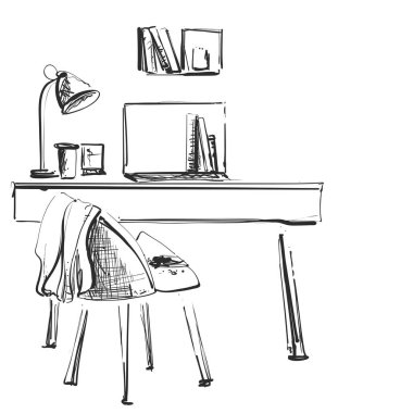 Bir bilgisayar veya çalışma alanı içeren tabloyu el ile doodle tarzı çizilmiş. Vektör çizim.