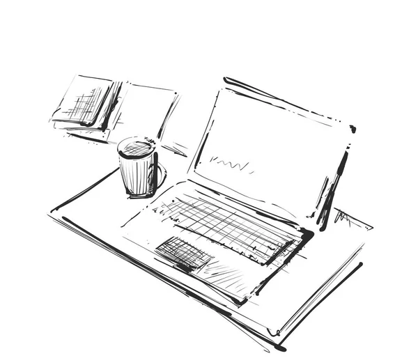 Local de trabalho com laptop, notebook, tablet e xícara de café vetor desenhado ilustração —  Vetores de Stock