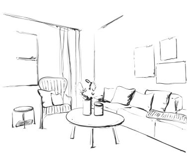 Oturma odası grafik siyah beyaz iç illüstrasyon kroki. Mobilya