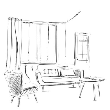 Oturma odası grafik siyah beyaz iç illüstrasyon kroki. Mobilya