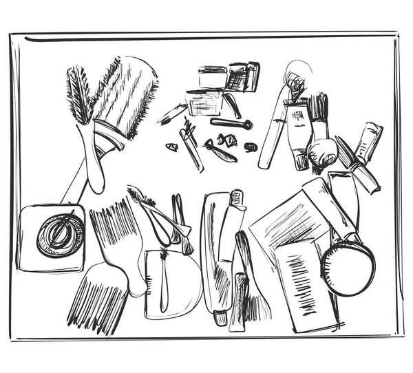 Handritad skönhet, doodles. Sminkborstar och andra kosmetiska i lådor. Kaos eller okontrollerad — Stock vektor