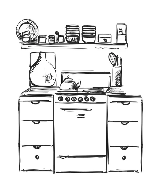 Dibujo interior cocina. Esbozo de muebles — Vector de stock