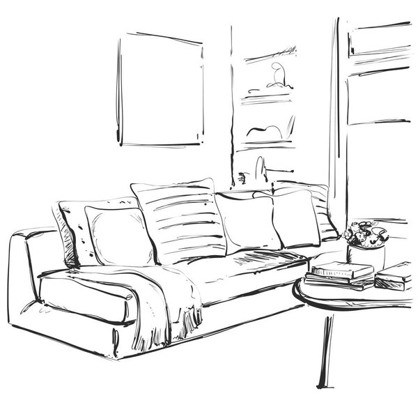 Living room graphic black white interior sketch illustration. Furniture