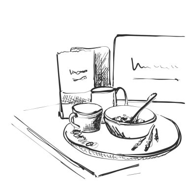 Kahvaltı kroki. Tabak yulaf lapası ve kahve bilgisayarın yakınında