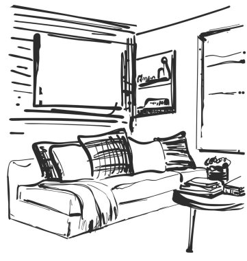 Oturma odası grafik siyah beyaz iç illüstrasyon kroki. Mobilya. Kanepe ve tablo