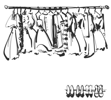 Elle çizilmiş gardırop kroki. Elbise ve ayakkabı, giysi