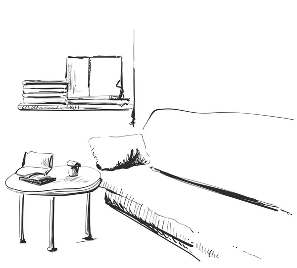 Esboço de quarto interior moderno. Sofá e mesa desenhados à mão — Vetor de Stock