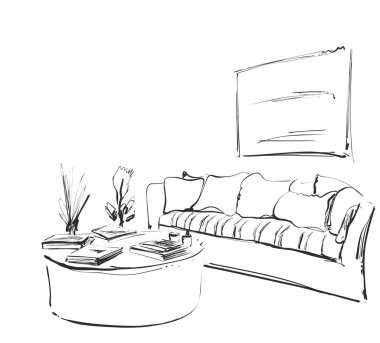 Modern iç oda kroki. Elle çizilmiş kanepe, saksı ve resimler