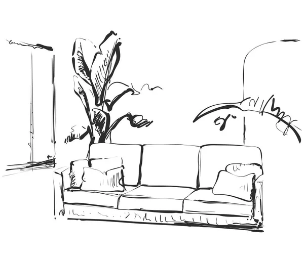 Современный эскиз интерьера комнаты. Ручной диван, цветочный горшок и фотографии — стоковый вектор