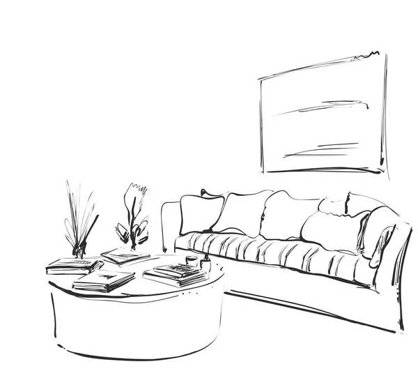 モダンなインテリアの客室スケッチ。手描き下ろしソファー、植木鉢、写真 — ストックベクタ