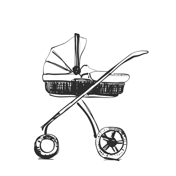 Schizzo di carrozza. Illustrazione disegnata a mano per baby shower — Vettoriale Stock