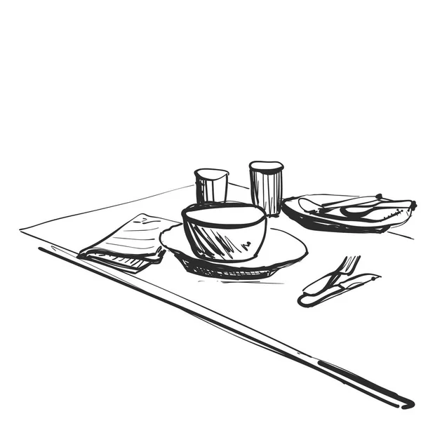 Croquis petit déjeuner ou dîner. Assiette de bouillie et tasse de café — Image vectorielle