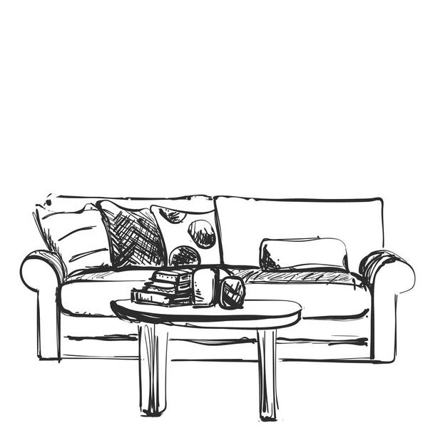 Obývací pokoj graphic Černý bílý interiér Načrtněte obrázek. Nábytek. Pohovku a stůl — Stockový vektor