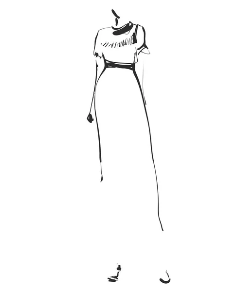 Moda modele sylwetka szkic ręcznie rysowane, ilustracji wektorowych. Kreskówka dziewczyna w sukience — Wektor stockowy