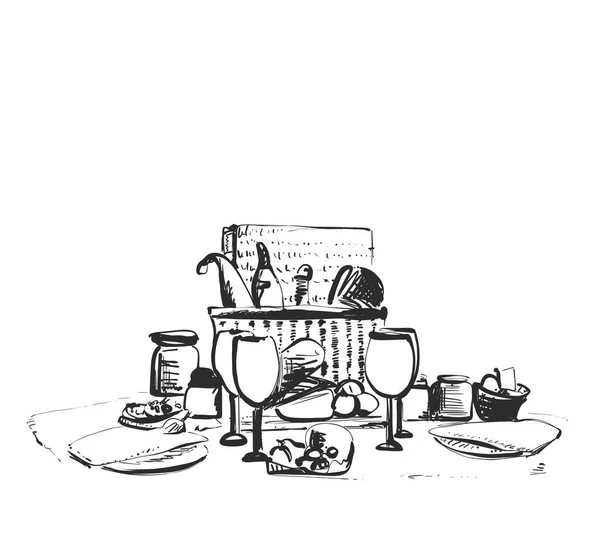 Пикник на траве или столе. Векторный скетч. Блюда, стаканы, еда и напитки — стоковый вектор