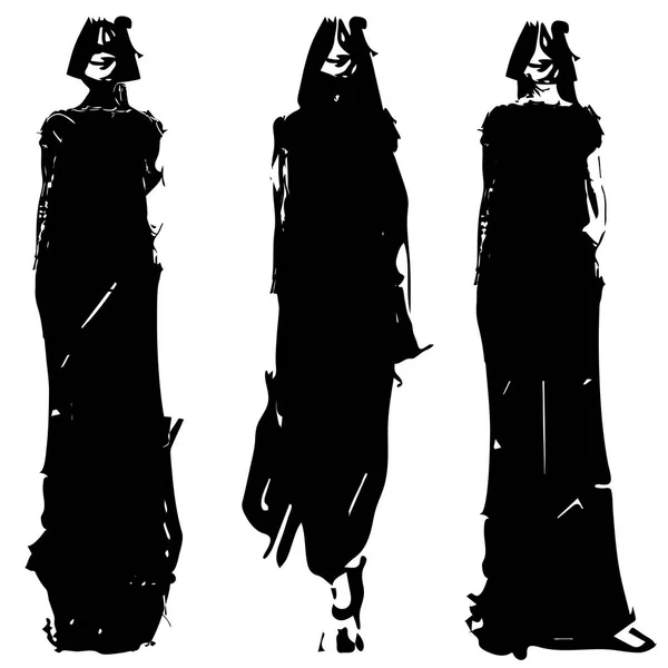 Modèles de mode esquisse dessinée à la main, illustration vectorielle. Silhouette de bande dessinée en robe longue noire — Image vectorielle