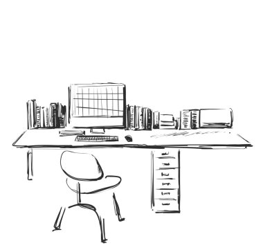 Bir bilgisayar veya çalışma alanı içeren tabloyu el ile doodle tarzı çizilmiş.
