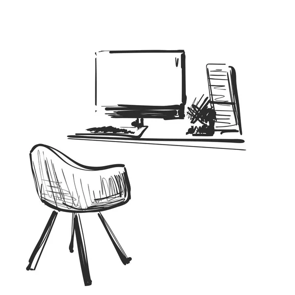 Tabela com um computador ou local de trabalho desenhado à mão estilo doodle . — Vetor de Stock