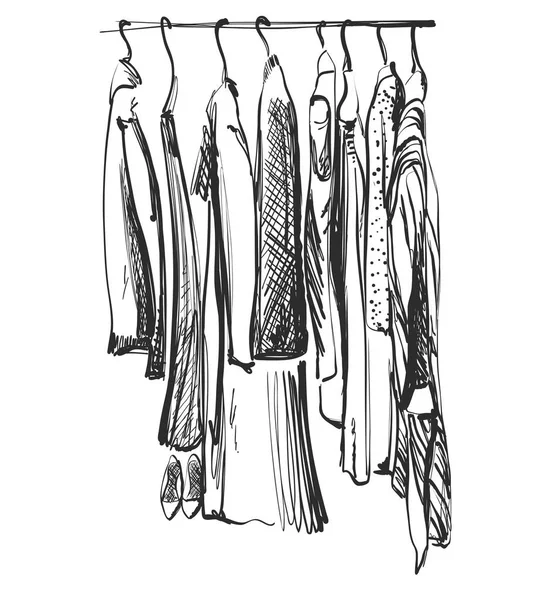 Hand drawn wardrobe sketch. Clothes on the hunger — Stock Vector