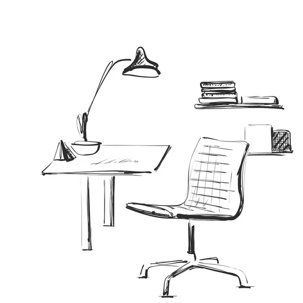 Tavolo con computer o posto di lavoro disegnato a mano in stile doodle . — Vettoriale Stock