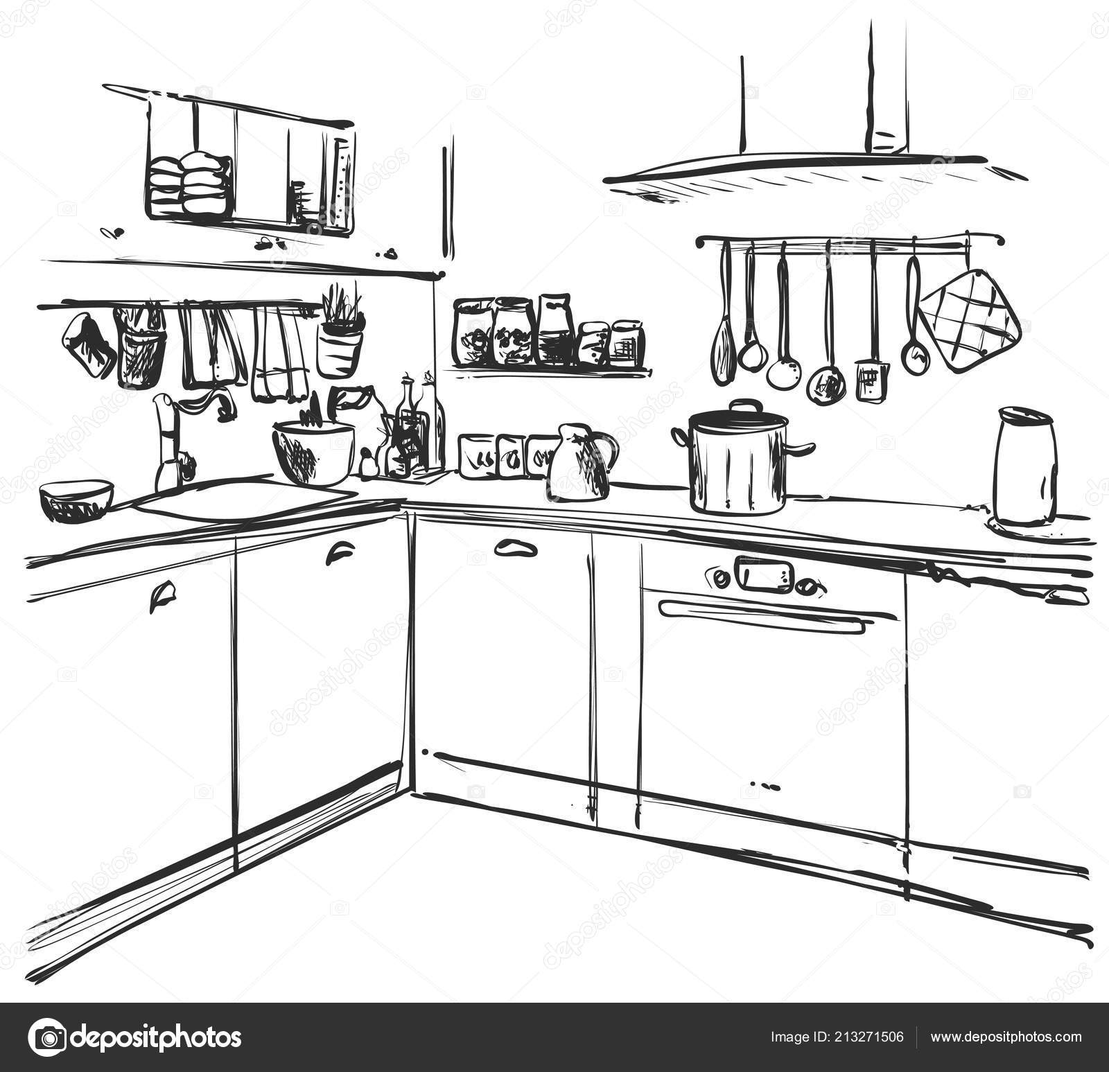 Kitchen interior drawing, vector illustration. Furniture sketch Stock