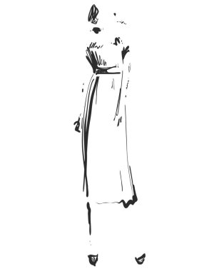 Moda modelleri siluetleri vektör çizim elle çizilmiş, eskiz. Çizgi film kız Giydir