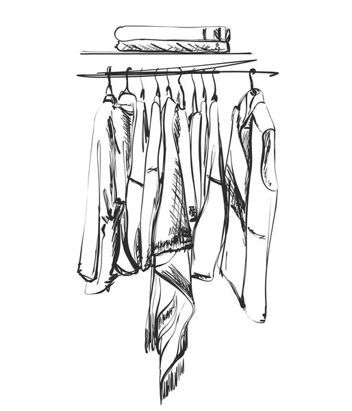 Ubrania na wieszaku. Kurtki i płaszcze. Sukienka i koszula szkicu — Wektor stockowy