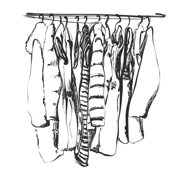 Kleidung auf dem Kleiderbügel. Oberbekleidung. Kleid und Mantelskizze — Stockvektor