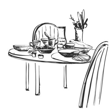 Elle çizilmiş mallar kroki. Romantik bir akşam yemeği. Hizmet. Yiyecek ve içecek