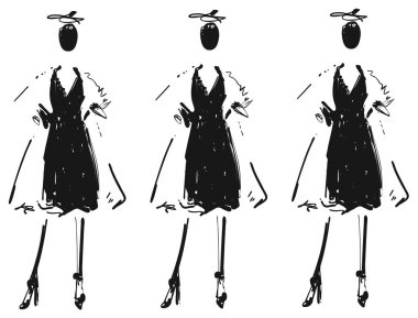 Kadın bir siyah elbise ve ceket. Moda modelleri kroki. Yazdırın. Arka plan
