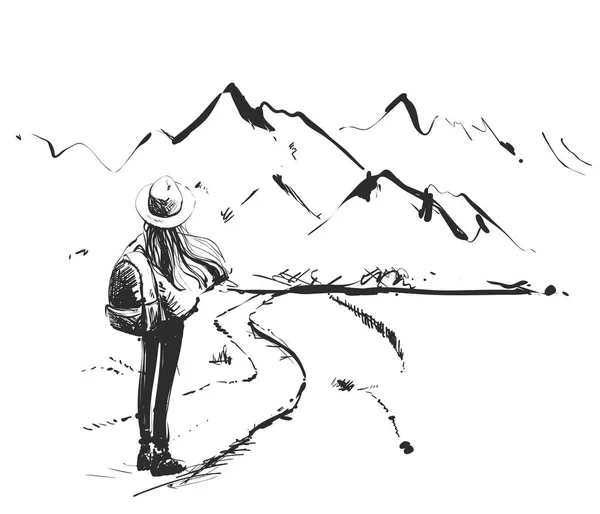 Una donna è in piedi su una grande freccia che sale verso il cielo. Viaggia. Illustrazione vettoriale, concetto di business, schizzo disegnato a mano. L'inizio della strada per le montagne. Ragazza in cappello con zaino — Vettoriale Stock